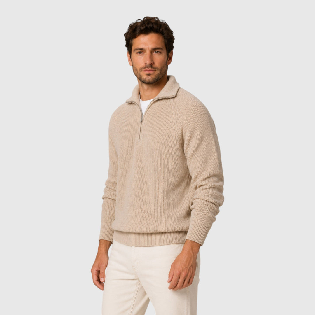 Textured ribbed men's mock neck sweater, a warm & smart pullover. Perfect for winter layering & casual fashion.