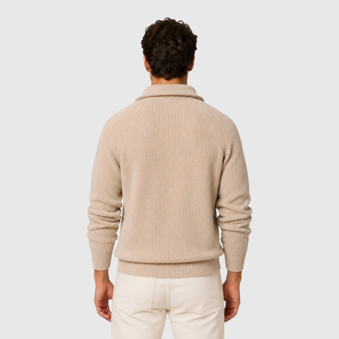 Versatile men's ribbed mock neck sweater, offering warmth and a classic, smart look for winter fashion.