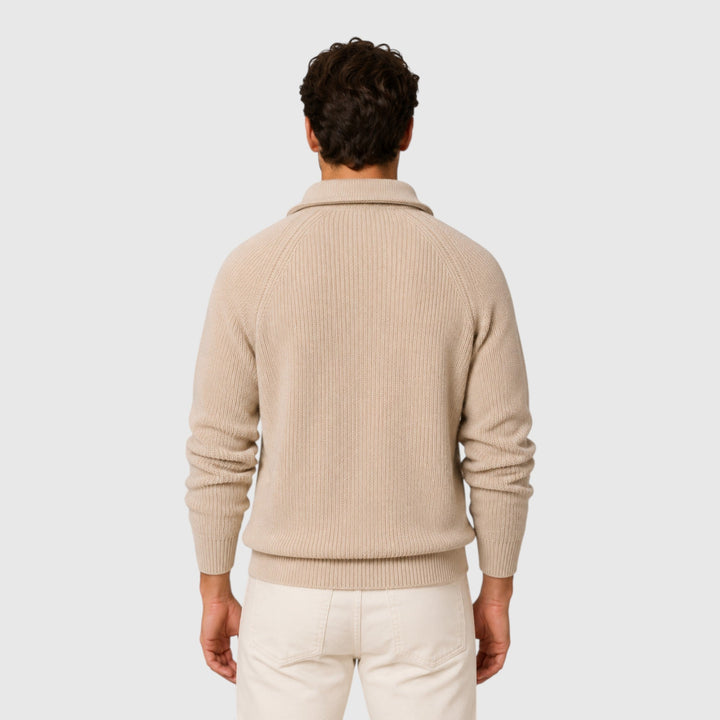 Versatile men's ribbed mock neck sweater, offering warmth and a classic, smart look for winter fashion.