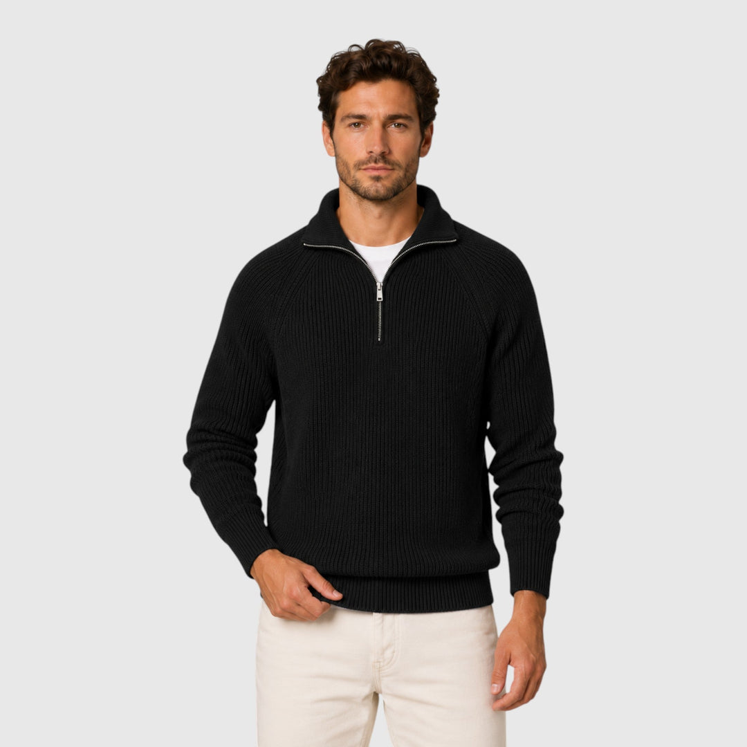 Men's ribbed mock neck pullover, essential for layering; smart casual or warm winter outfits. Men's sweater.