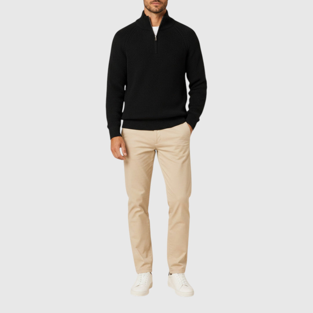 Warm, classic men's ribbed mock neck sweater. Versatile pullover for autumn & winter men's fashion.
