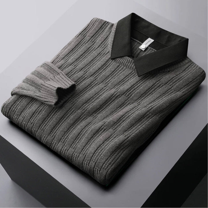 Men's ribbed polo collar sweater in a smart casual style, perfect for winter fashion.