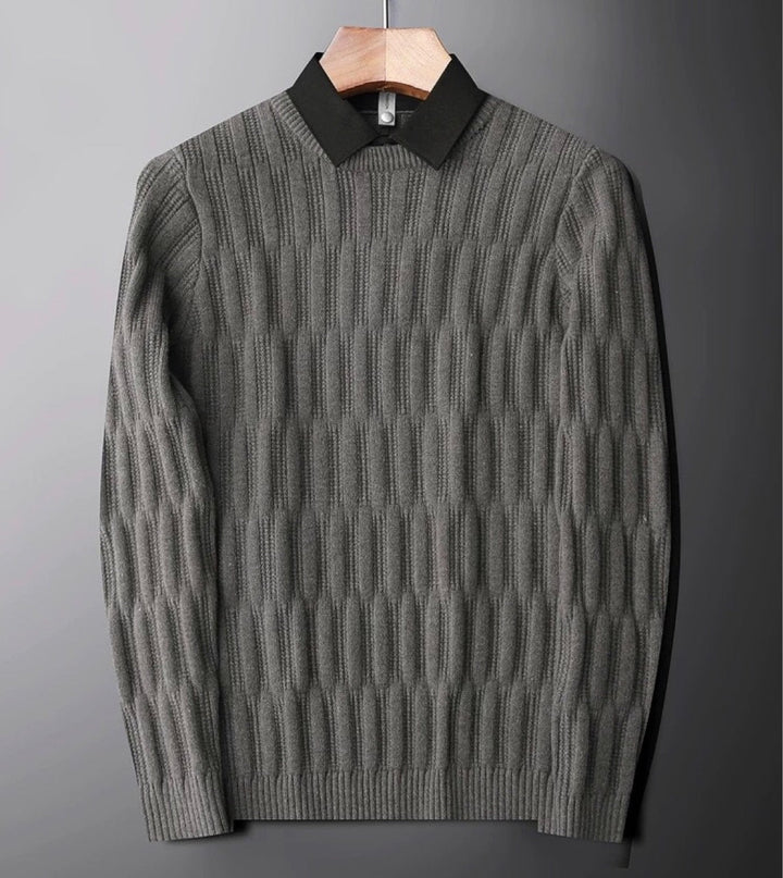 Stylish men's long sleeve knit sweater with a ribbed texture and classic polo collar for smart casual wear.