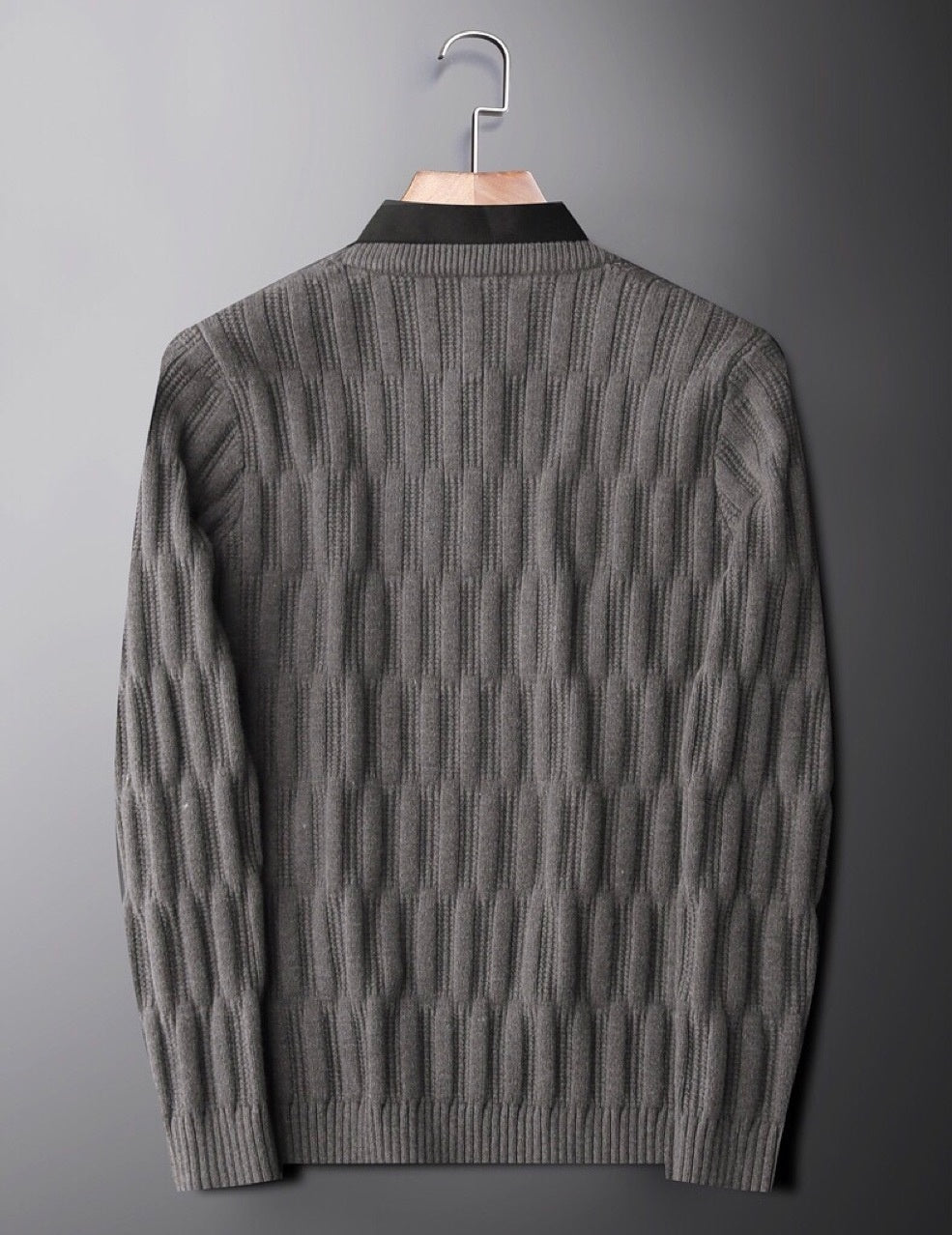 Casual men's ribbed knit top featuring a comfortable long sleeve design and a sophisticated polo collar.