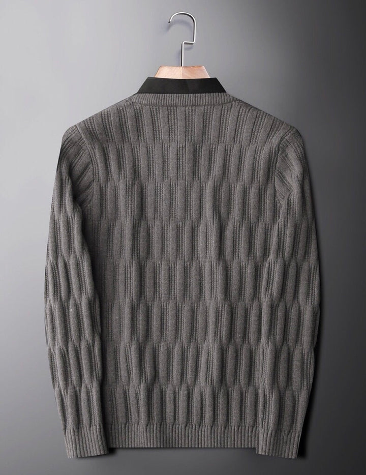 Casual men's ribbed knit top featuring a comfortable long sleeve design and a sophisticated polo collar.