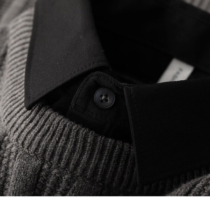 Warm men's ribbed sweater with polo collar, ideal for smart casual men's fashion and winter layering.
