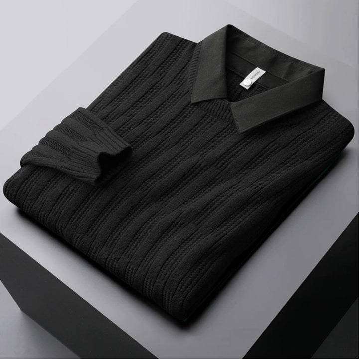 Versatile men's long sleeve ribbed sweater with a stylish polo collar, suitable for various casual occasions.