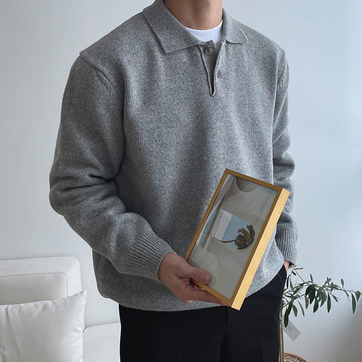 Men's ribbed polo knit sweater, long sleeve, for a smart casual look. Comfortable and versatile men's fashion.