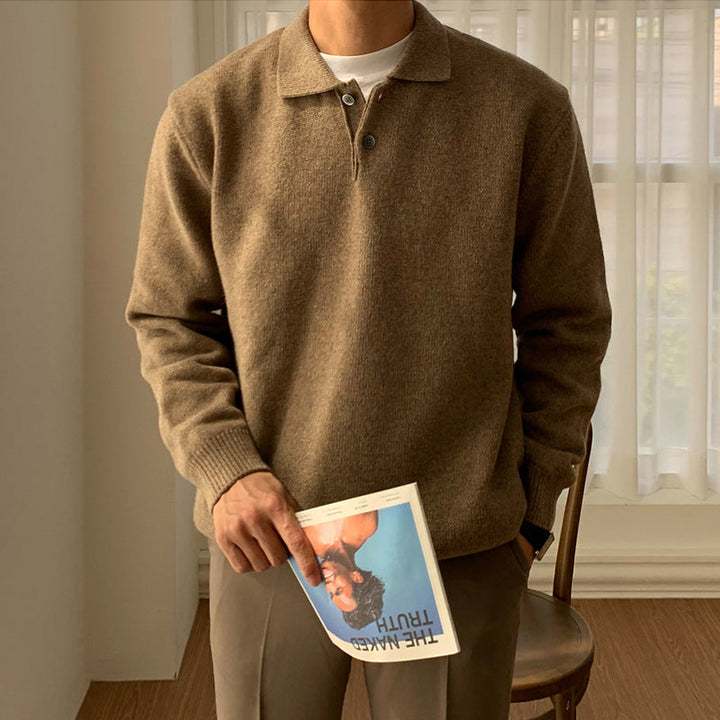Smart casual men's long sleeve polo knit sweater with ribbed texture. Versatile for everyday or layered looks.