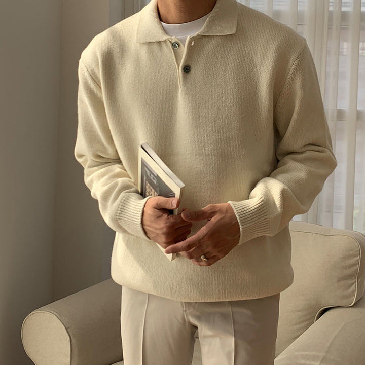 Men's comfortable long sleeve polo knit sweater, ideal for a layered look or smart casual style. Versatile fashion.