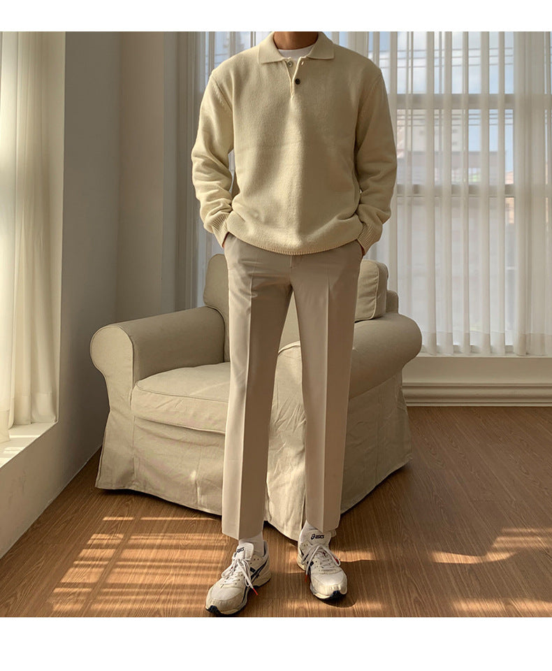 Men's long sleeve ribbed polo knit sweater. A smart casual piece, comfortable and versatile for modern men's fashion.