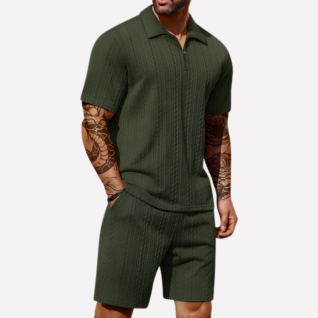 Men's ribbed polo shirt & shorts set, a casual two-piece summer outfit in a relaxed fit.