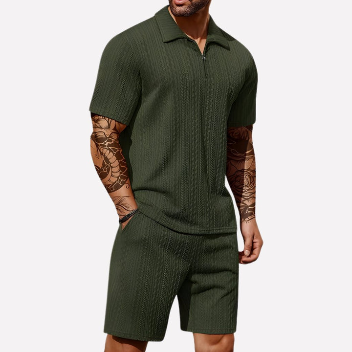Men's ribbed polo shirt & shorts set, a casual two-piece summer outfit in a relaxed fit.