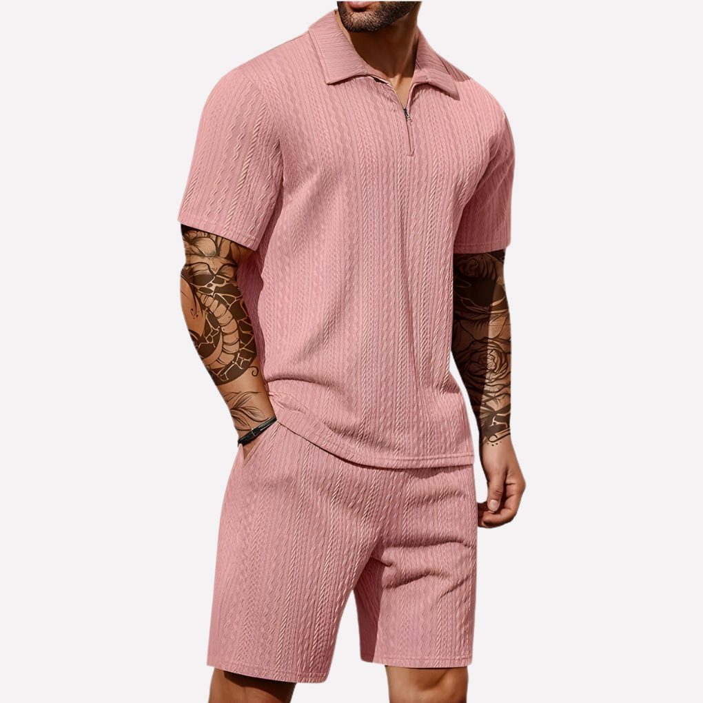 Half-zip men's ribbed polo shirt & shorts set, a comfortable two-piece outfit for relaxed summer days.