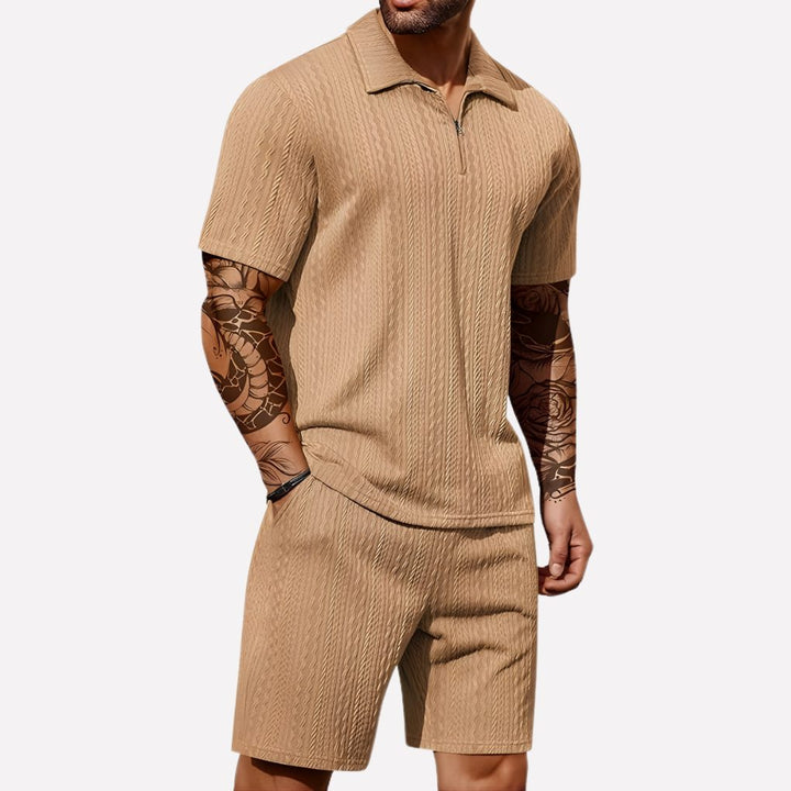 Lightweight men's summer wear: a coordinated ribbed polo shirt & shorts set for a stylish look.