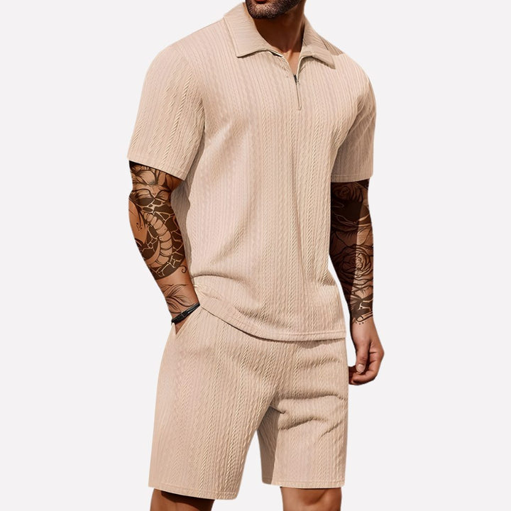 Everyday fashion men's outfit: a casual two-piece ribbed polo shirt and shorts set.