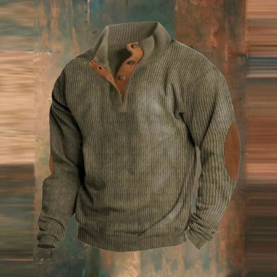 Men's ribbed quarter-snap sweater with stylish retro elbow patches, perfect for casual autumn wear.