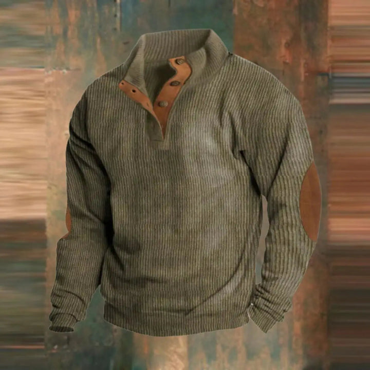 Men's ribbed quarter-snap sweater with stylish retro elbow patches, perfect for casual autumn wear.