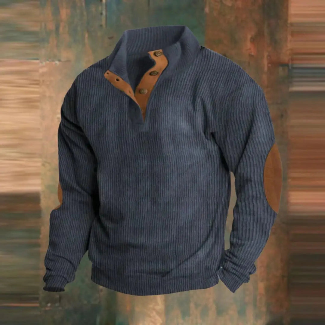 Vintage-inspired men's ribbed pullover, quarter-snap design with elbow patches for comfortable layering.
