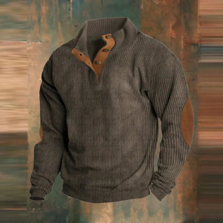 Comfortable men's quarter-snap ribbed sweater featuring retro elbow patches for everyday style.