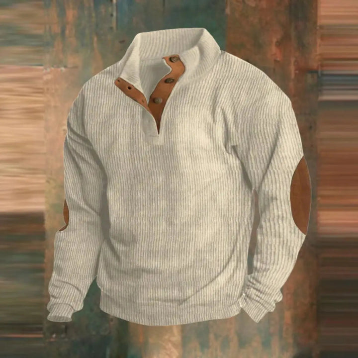 Autumn/winter men's ribbed quarter-snap sweater, retro elbow patches, ideal for casual vintage style.
