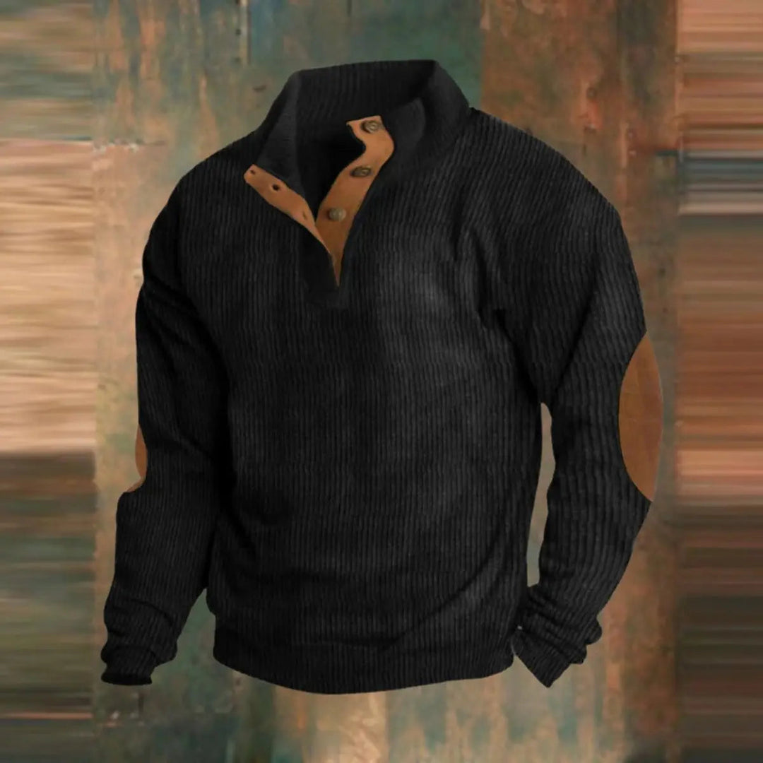 Men's fashion quarter-snap ribbed pullover with unique retro elbow patches, a vintage-inspired look.