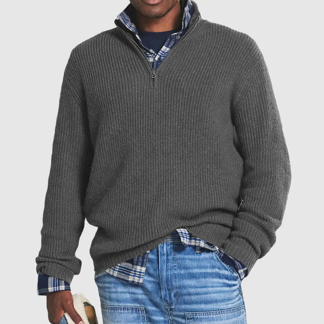 Men's ribbed quarter-zip pullover sweater in a smart casual style, perfect for business casual and layering.