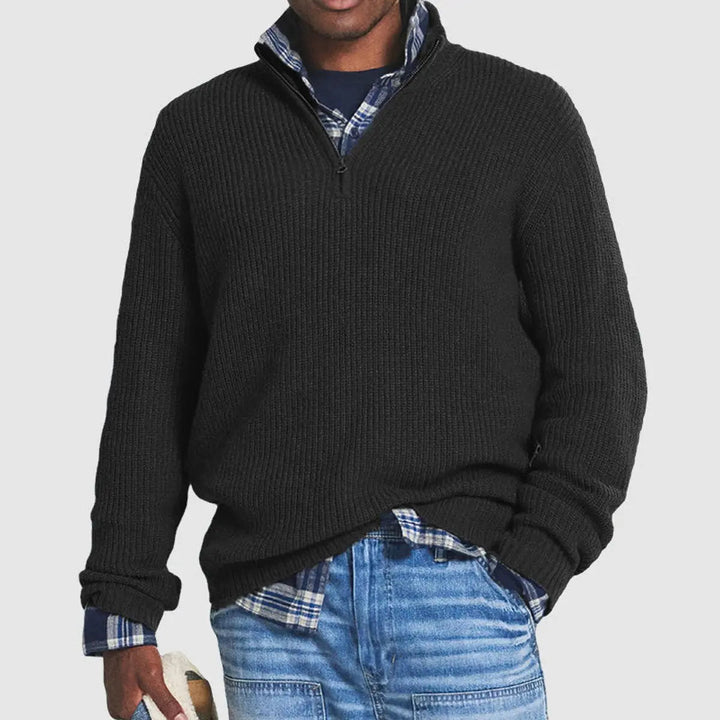 Comfortable men's ribbed knit quarter-zip pullover sweater, a versatile long-sleeve jumper for everyday wear.