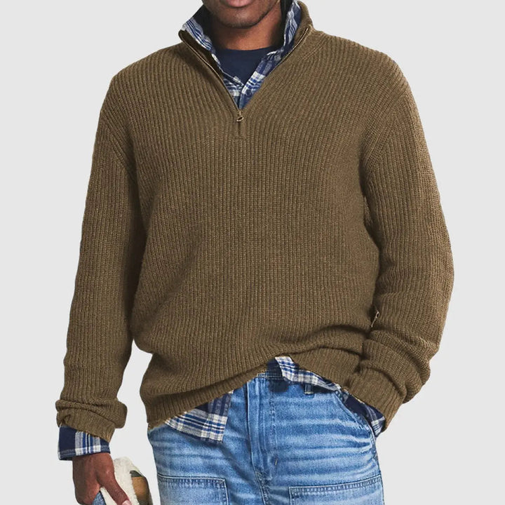 Versatile men's ribbed quarter-zip pullover, a long-sleeve knit sweater designed for comfort and layering.