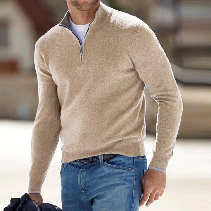 Men's ribbed quarter-zip sweater in a versatile knit, perfect for smart casual layering in fall & winter.