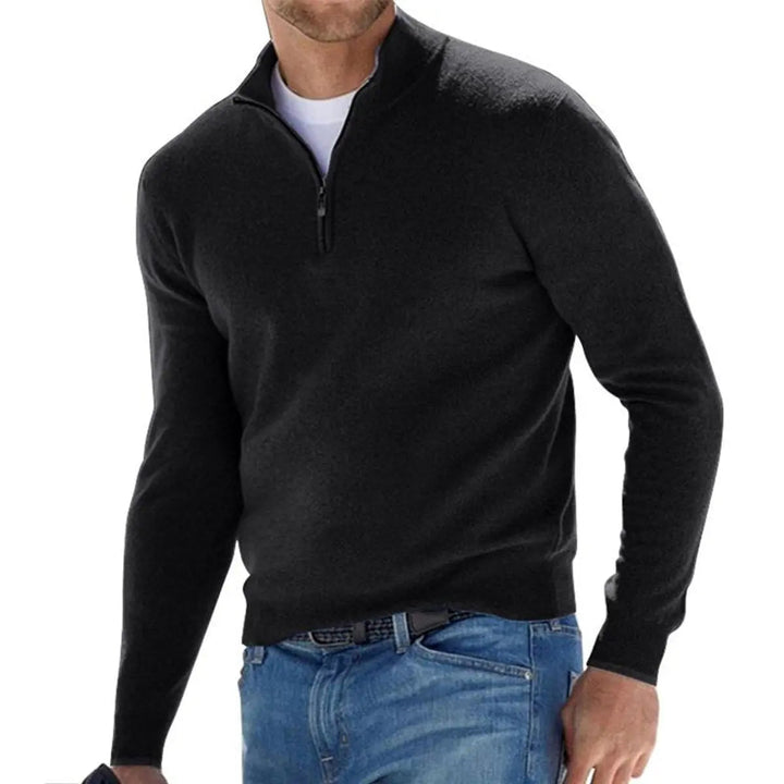 Close-up of men's ribbed knit quarter-zip sweater, showing the comfortable texture and long sleeves.