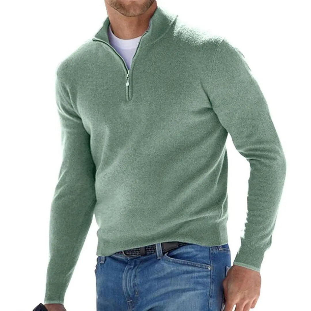 Classic men's quarter-zip pullover jumper with a distinct ribbed knit and long sleeves, suitable for many outfits.