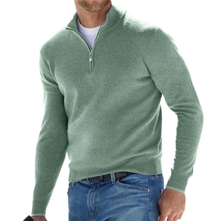 Classic men's quarter-zip pullover jumper with a distinct ribbed knit and long sleeves, suitable for many outfits.