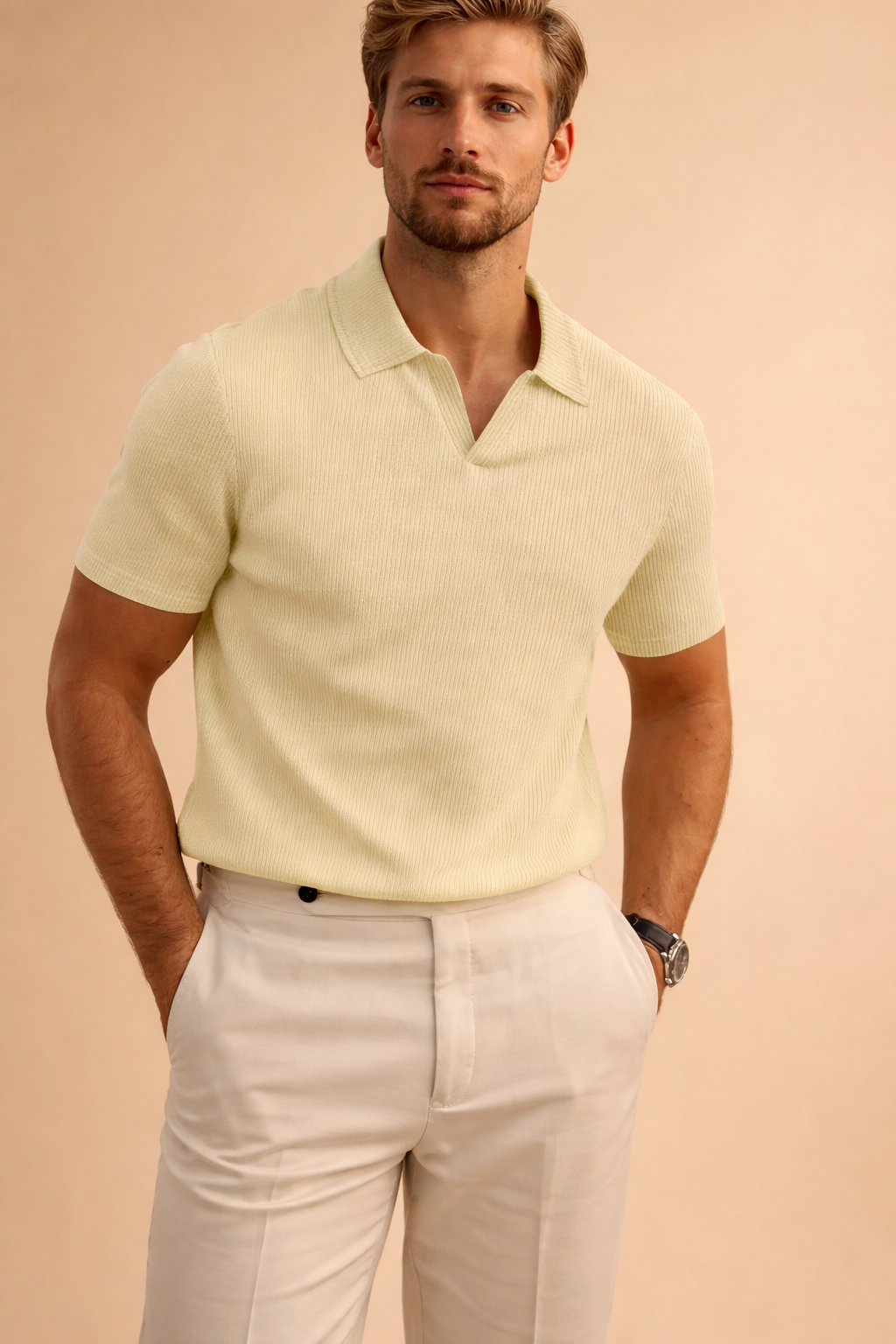 Men's ribbed short sleeve polo tee with a stylish split neck collar, perfect for smart casual everyday wear.