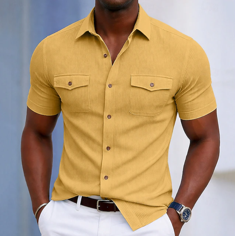 Sophisticated men's button-up shirt, showcasing a ribbed pattern and a contemporary slim fit.