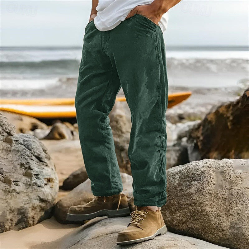 Men's ribbed straight leg casual pants in a versatile shade, ideal for comfortable everyday & smart casual wear.