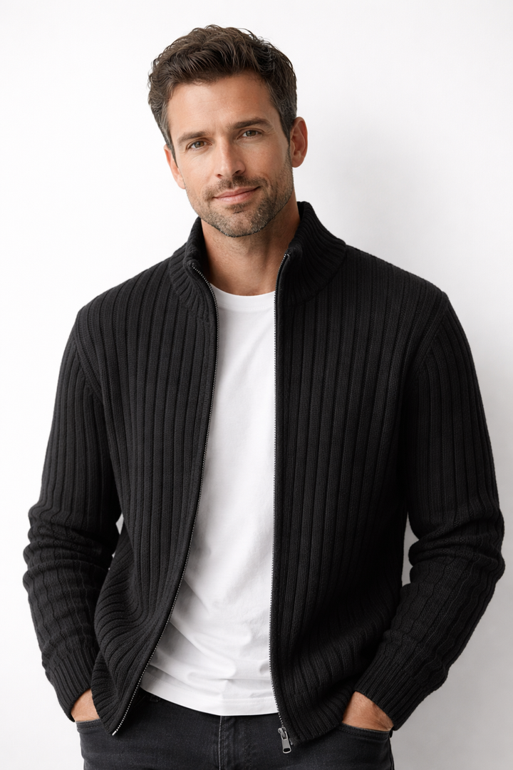 Men's ribbed zip cardigan with a stand collar, perfect for smart casual autumn layering. Everyday comfort & style.