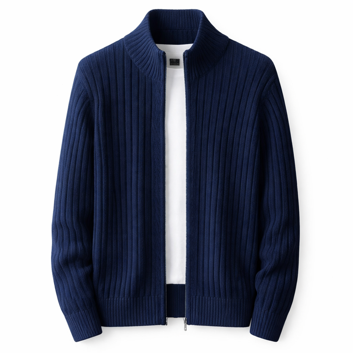 Comfortable men's ribbed knit zip cardigan, a versatile long sleeve layering piece for casual & smart looks.