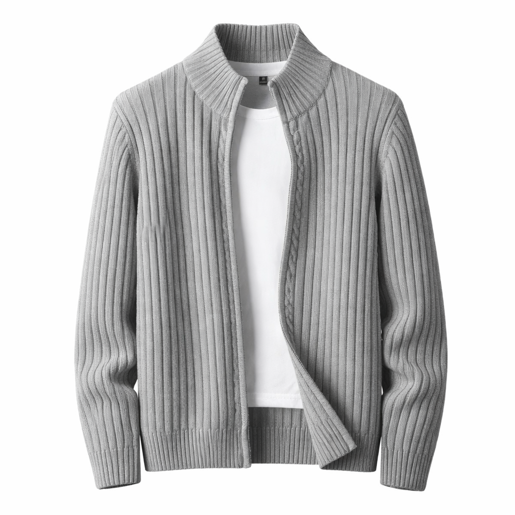 Men's ribbed zip cardigan with stand collar, a perfect long sleeve layering piece for autumn smart style.