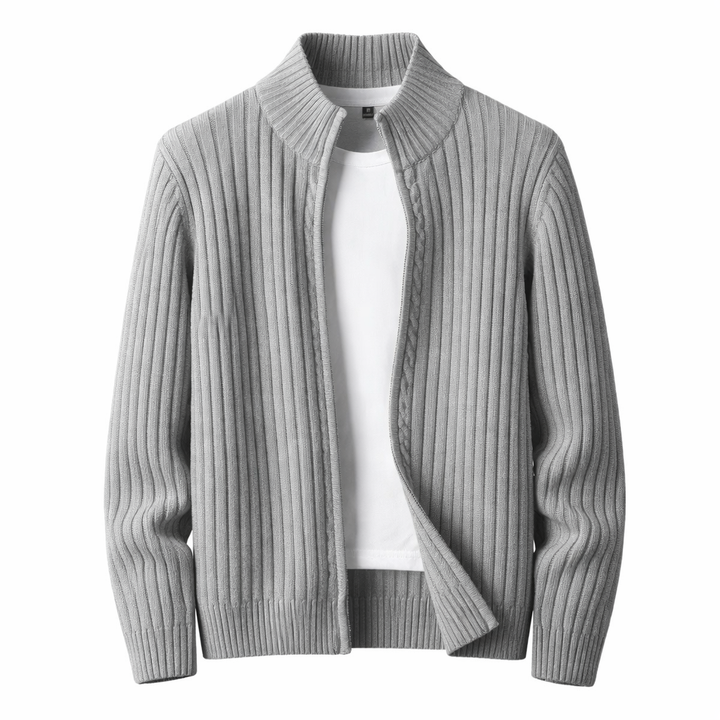 Men's ribbed zip cardigan with stand collar, a perfect long sleeve layering piece for autumn smart style.