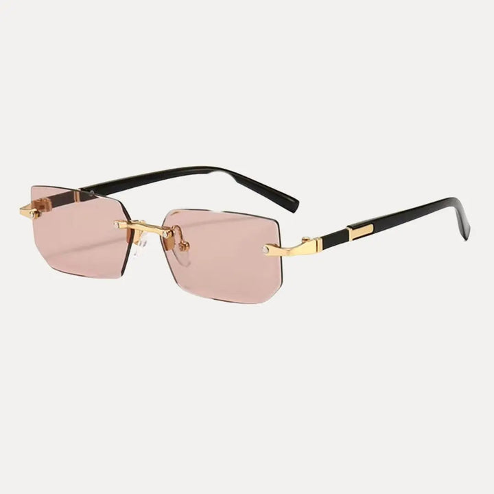 Sleek men's rimless rectangle sunglasses with a polished gold frame, enhancing any men's fashion ensemble.