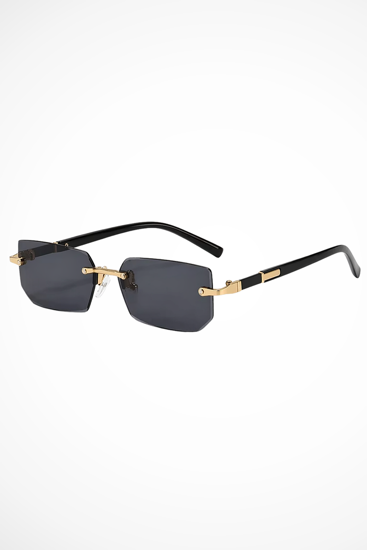 Stylish men's rimless rectangle sunglasses featuring elegant gold accents for a modern look.