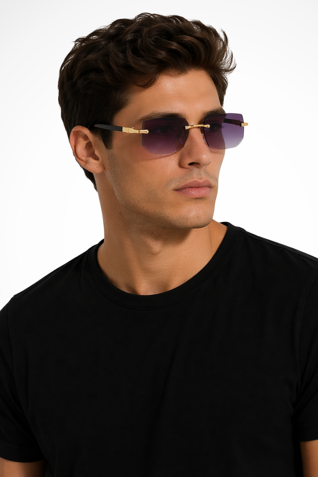 Versatile men's rimless rectangle gold accent sunglasses, perfect fashion eyewear accessory.