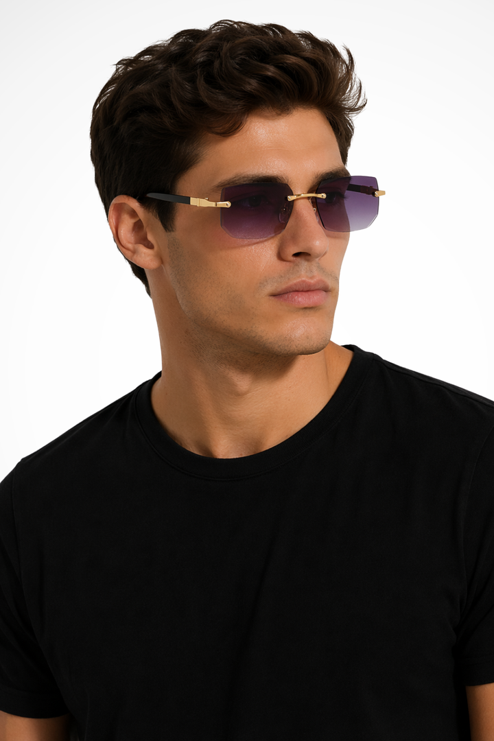 Versatile men's rimless rectangle gold accent sunglasses, perfect fashion eyewear accessory.