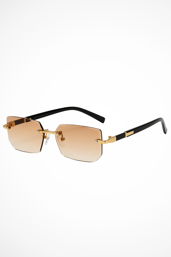 Men's fashion eyewear: sleek rimless rectangle sunglasses with elegant gold accents for a sharp look.