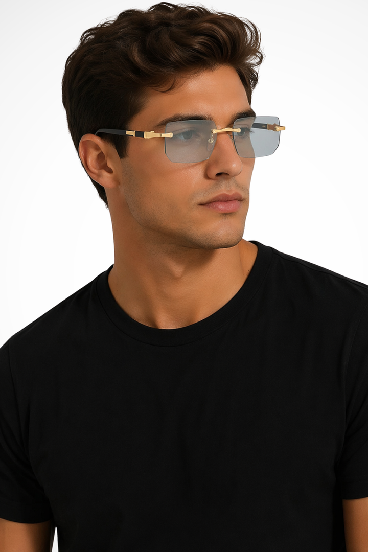 Sleek men's rimless rectangle sunglasses with striking gold accents; a versatile fashion accessory.