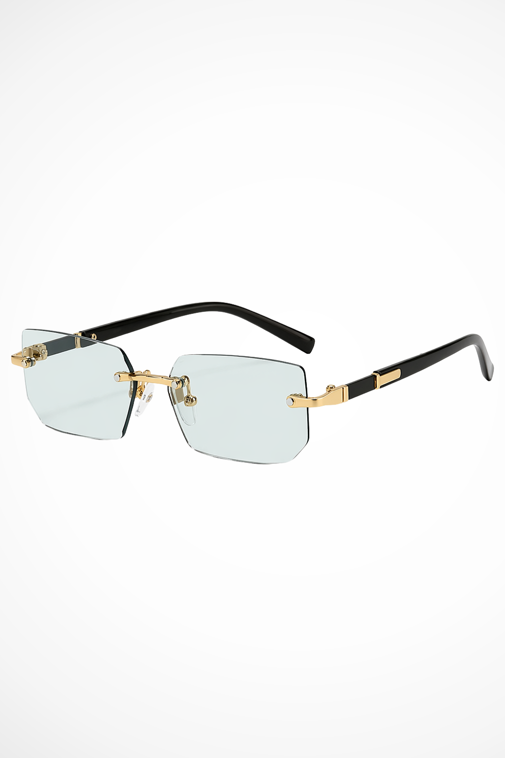 Men's rimless rectangle gold accent sunglasses, high-quality eyewear for a sophisticated style.
