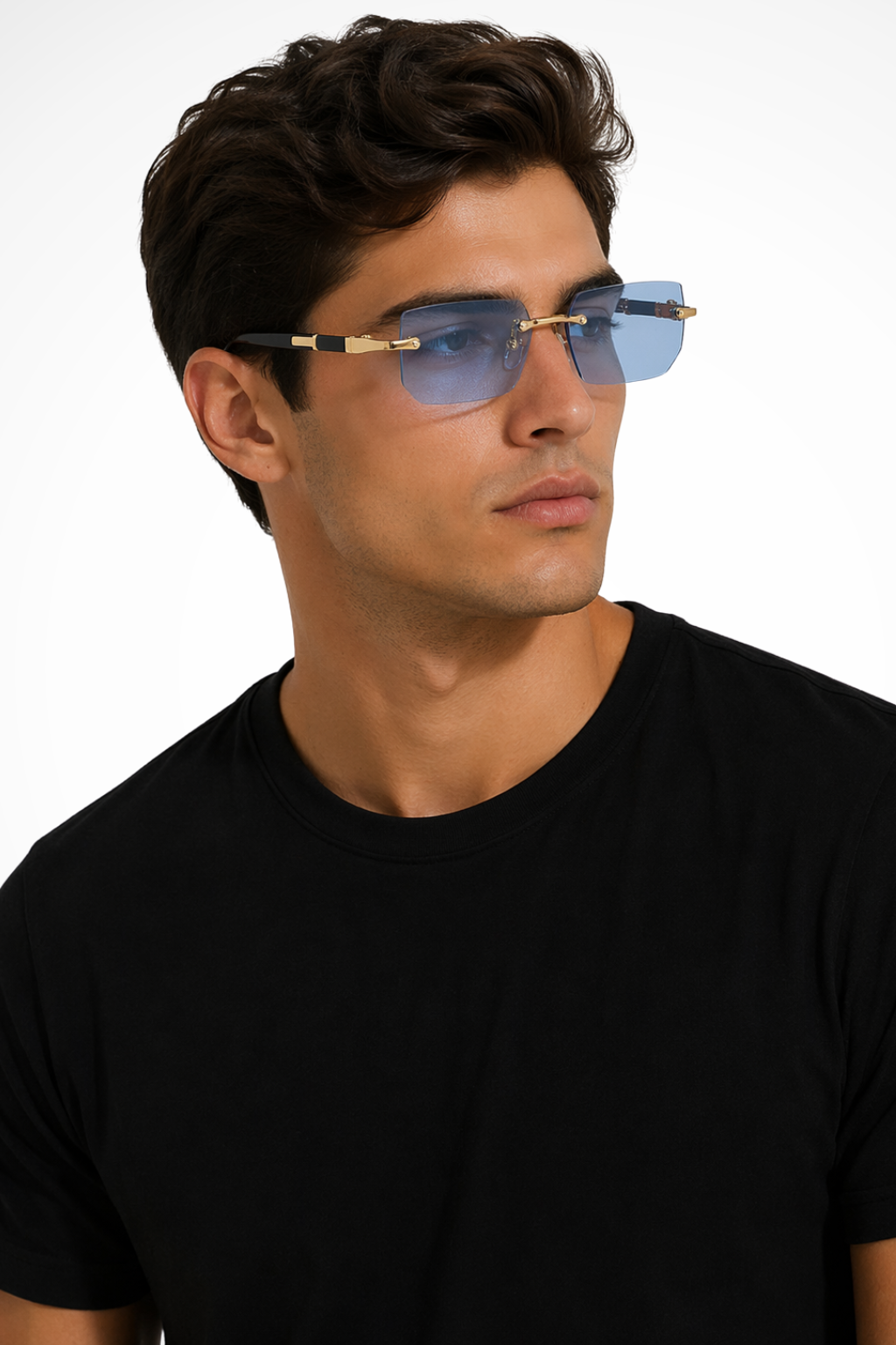 Stylish men's rimless rectangle sunglasses, gold accent, a modern fashion eyewear accessory.