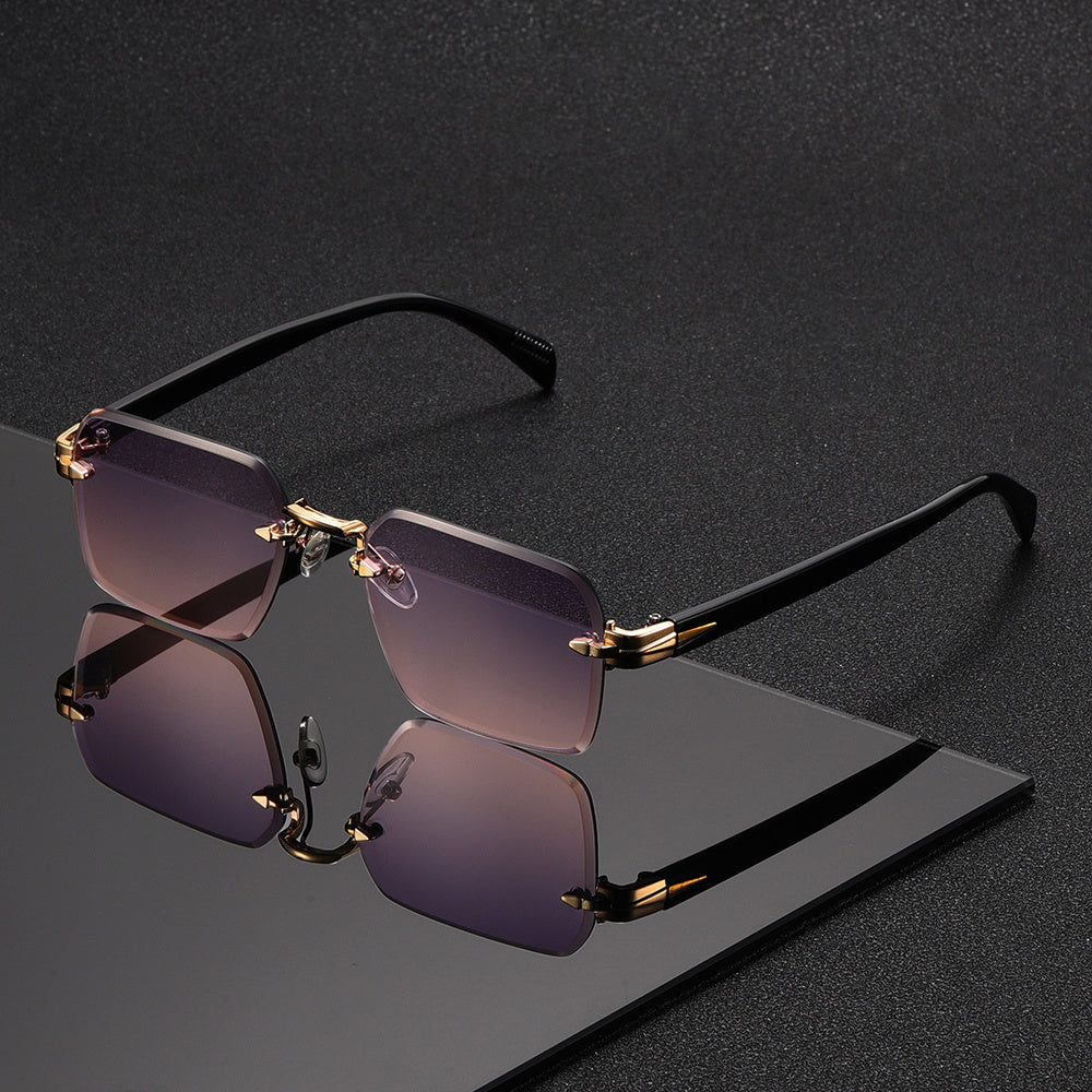 Men's minimalist style rimless square glasses with a polished gold frame.