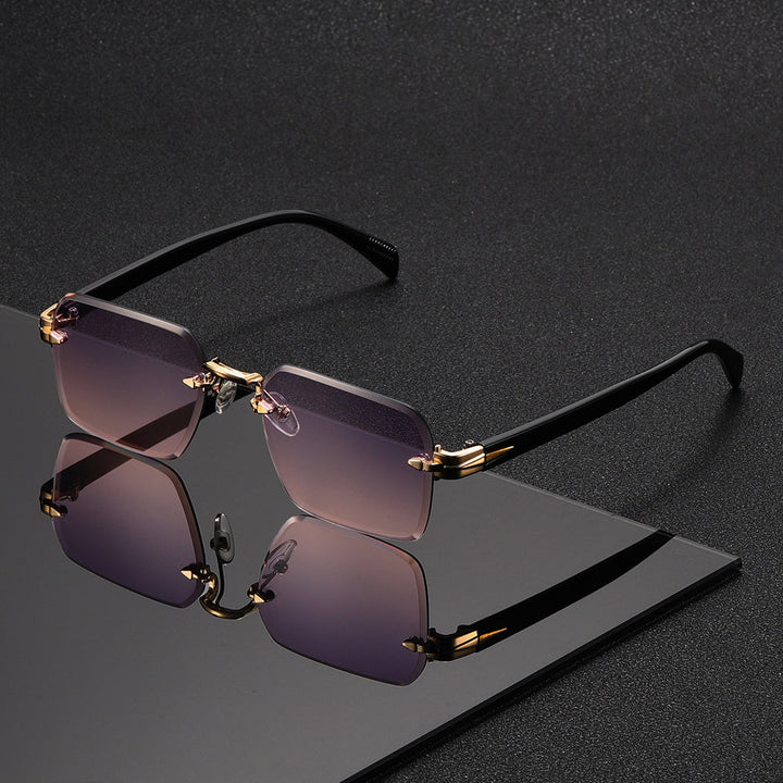 Men's minimalist style rimless square glasses with a polished gold frame.